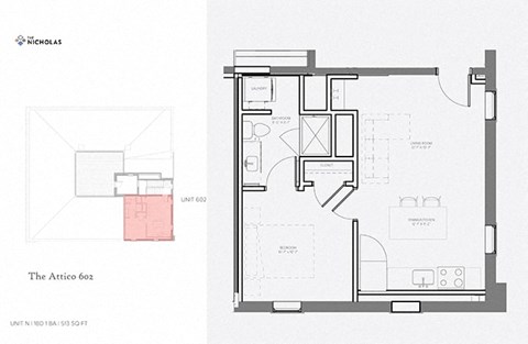 1 bed 1 bath The Attico floor plan at The Nicholas, Missouri, 63104